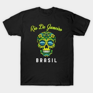Rio Brazil Sugar Skull Dia de los Muertos with Brazilian Flag Style T-Shirt